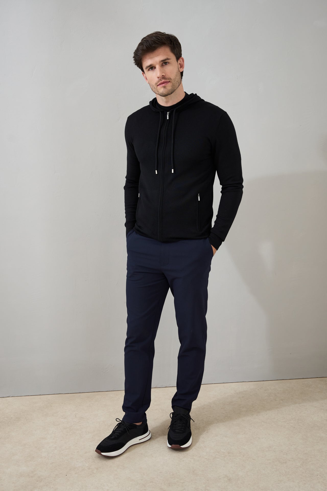 'Ravenna' Extra Fine Merino Zip Hoodie in Black