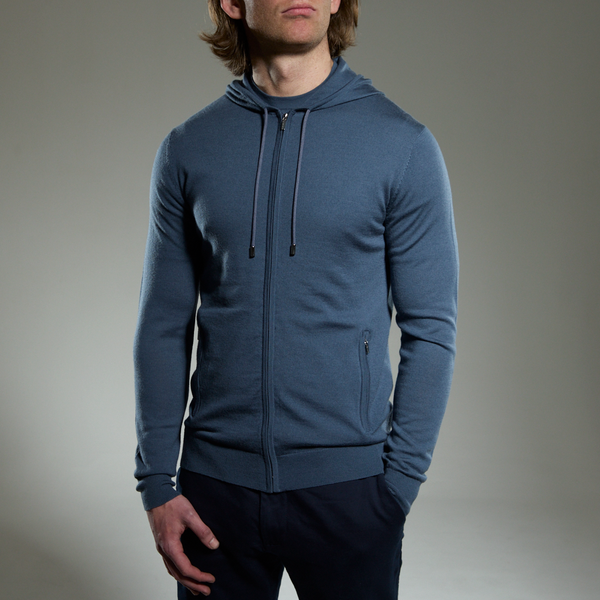 'Ravenna' Merino Zip Hoodie in Steel Blue