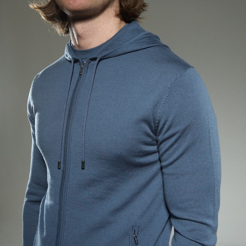 'Ravenna' Merino Zip Hoodie in Steel Blue