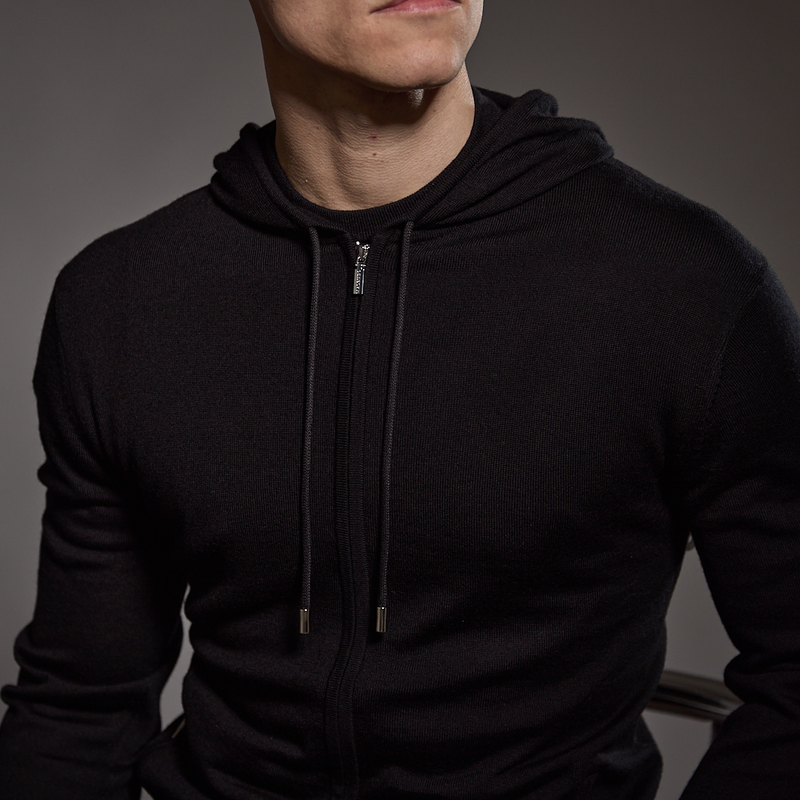 'Ravenna' Extra Fine Merino Zip Hoodie in Black