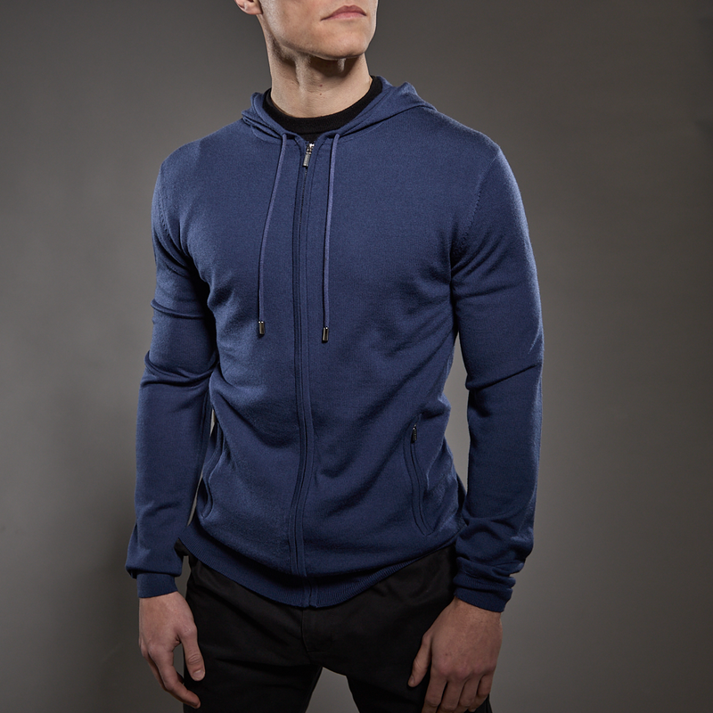 'Ravenna' Extra Fine Merino Zip Hoodie in Azure Blue