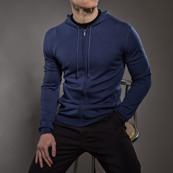 'Ravenna' Extra Fine Merino Zip Hoodie in Azure Blue