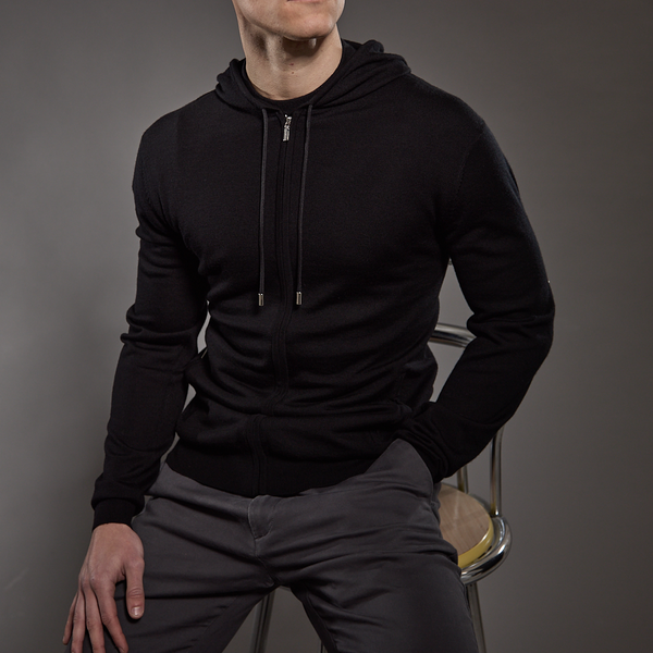 'Ravenna' Extra Fine Merino Zip Hoodie in Black