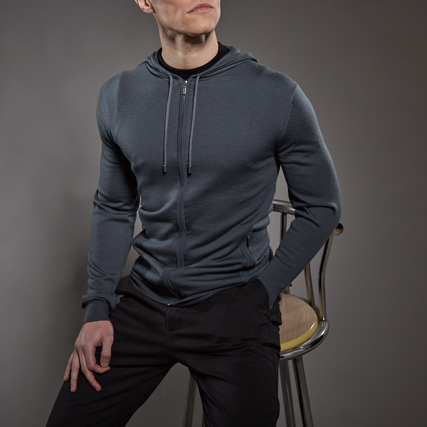 'Ravenna' Extra Fine Merino Zip Hoodie in Steel Grey