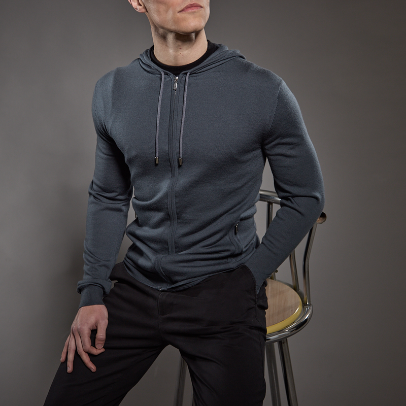 'Ravenna' Extra Fine Merino Zip Hoodie in Steel Grey