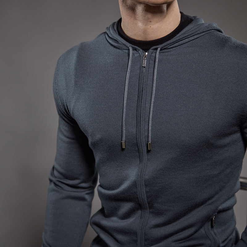 'Ravenna' Extra Fine Merino Zip Hoodie in Steel Grey