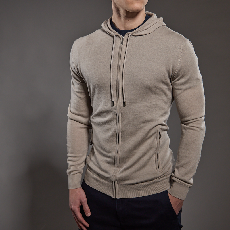 'Ravenna' Extra Fine Merino Zip Hoodie in Beige