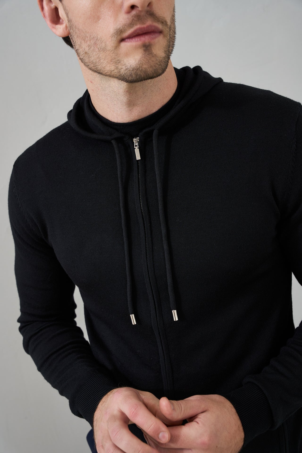 'Ravenna' Extra Fine Merino Zip Hoodie in Black