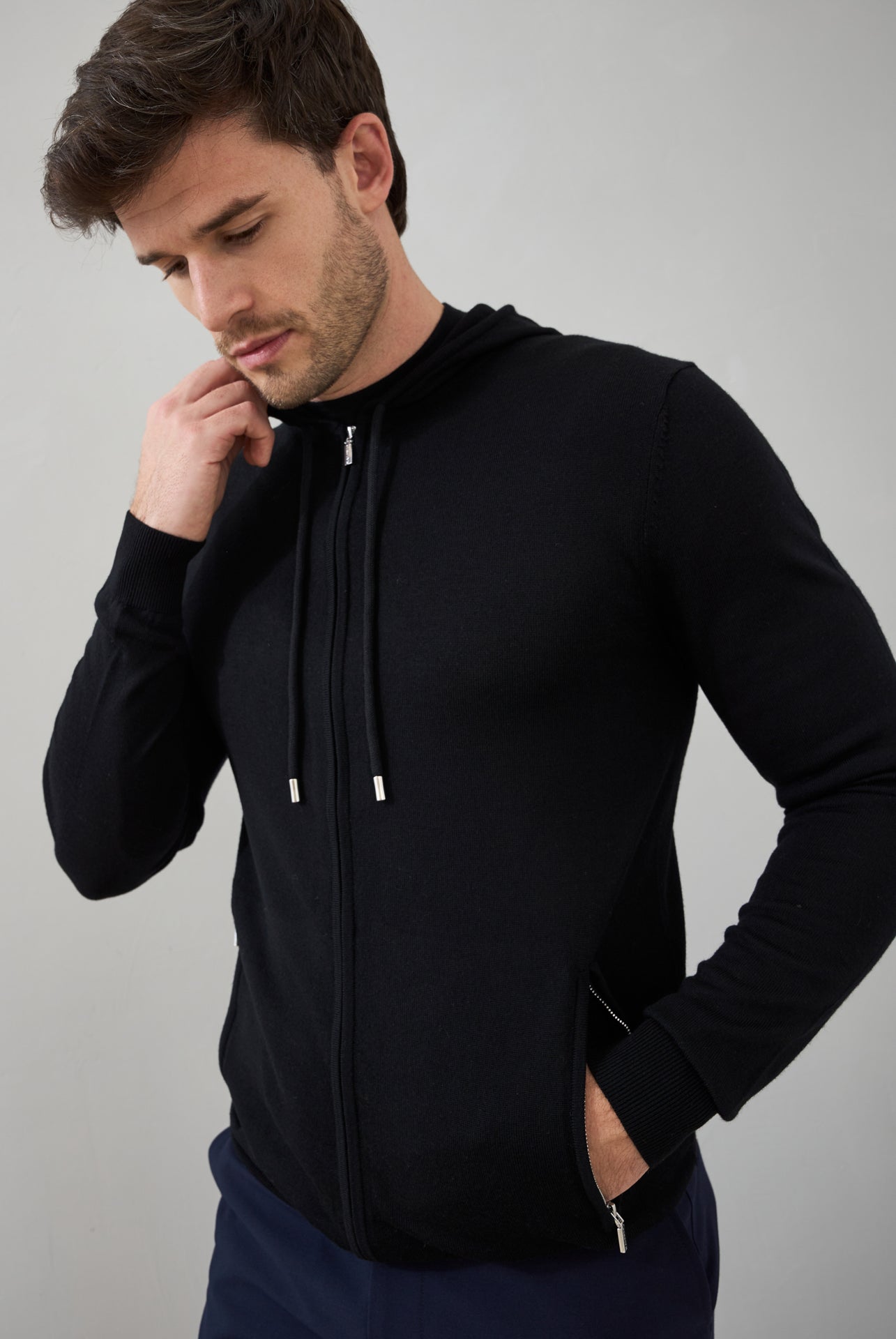 'Ravenna' Extra Fine Merino Zip Hoodie in Black