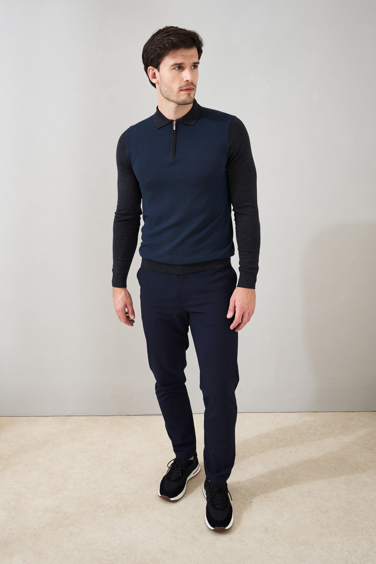 Micro Stitch 'Pazzano' Polo in Charcoal/Midnight Blue