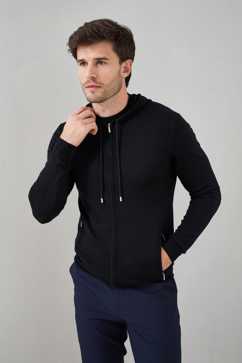 'Ravenna' Extra Fine Merino Zip Hoodie in Black