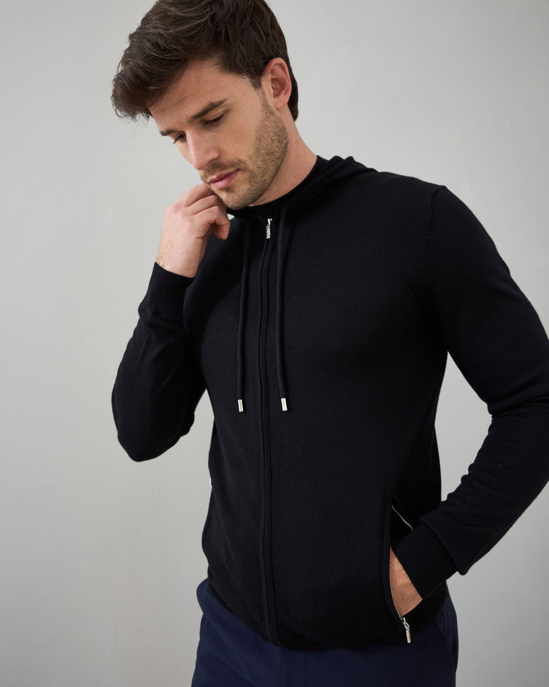 'Ravenna' Extra Fine Merino Zip Hoodie in Black