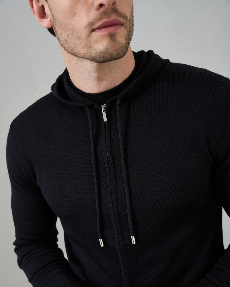'Ravenna' Extra Fine Merino Zip Hoodie in Black