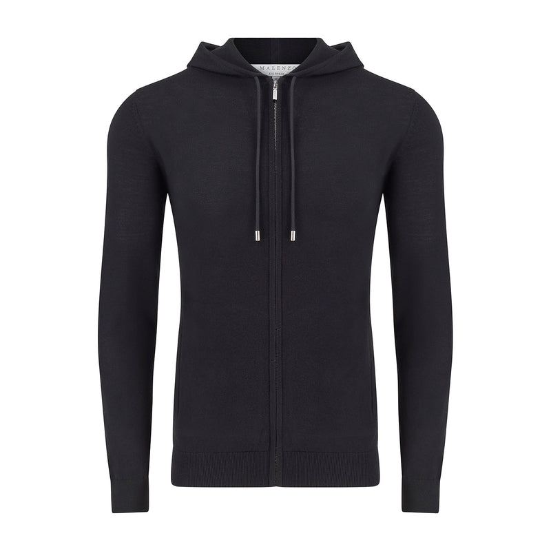 'Ravenna' Extra Fine Merino Zip Hoodie in Black